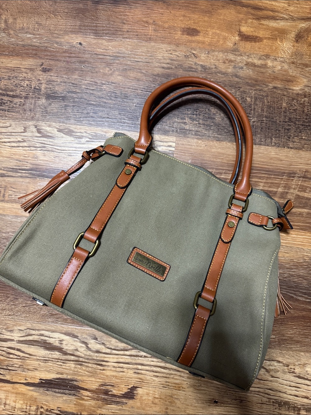 Simply Noelle Olive Green Canvas Satchel with Brown Trim